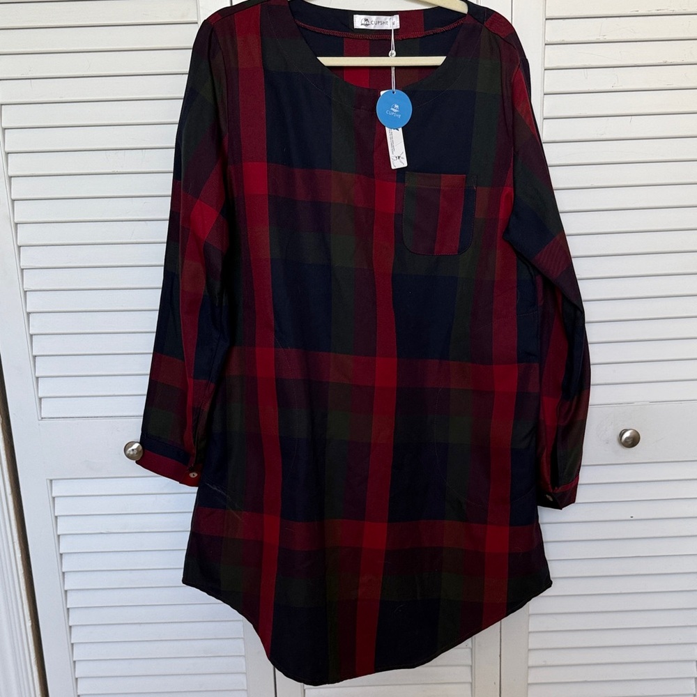 Red, Blue and Green Plaid Long Sleeve Shirt Dress with Pockets NWT